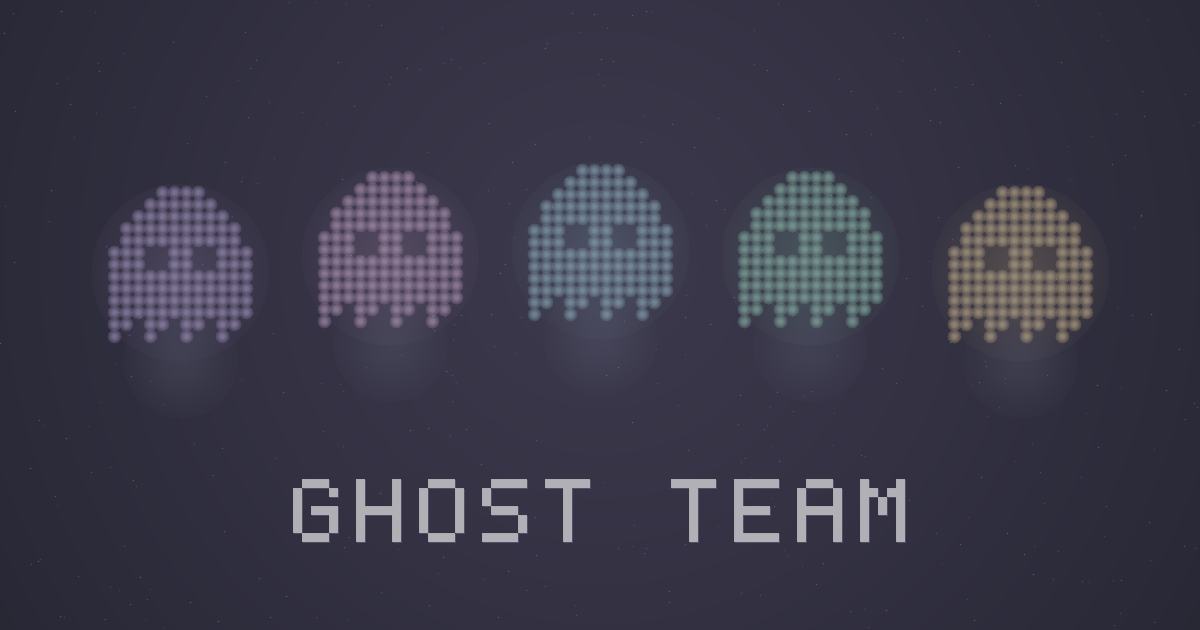 A row of five glowing pixel ghosts above the wordmark GHOST TEAM